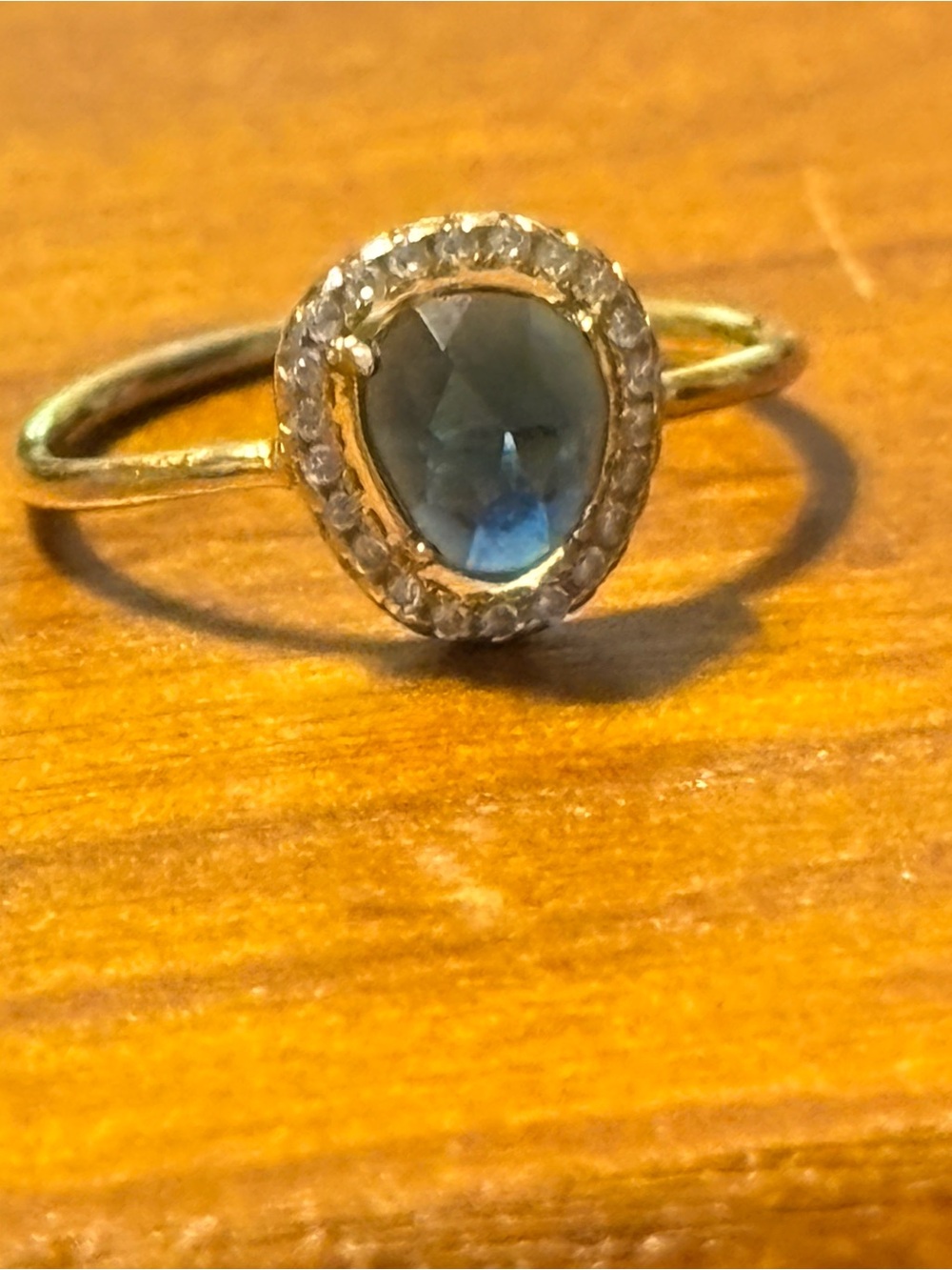 Sterling Silver Teardrop Blue‎ Stone Halo Ring in Gold Tone